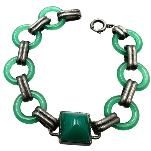 VIntage Napier Sterling Silver Green Czech Glass Bracelet 6.5 Inch - Picture 1 of 5
